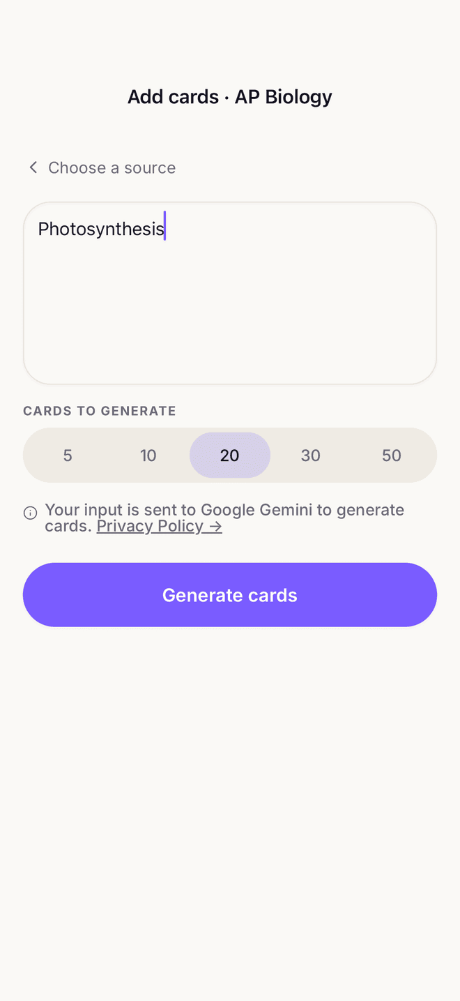 Cram's add-cards screen on iPhone: a topic typed in, with a card count selected and a Generate cards button