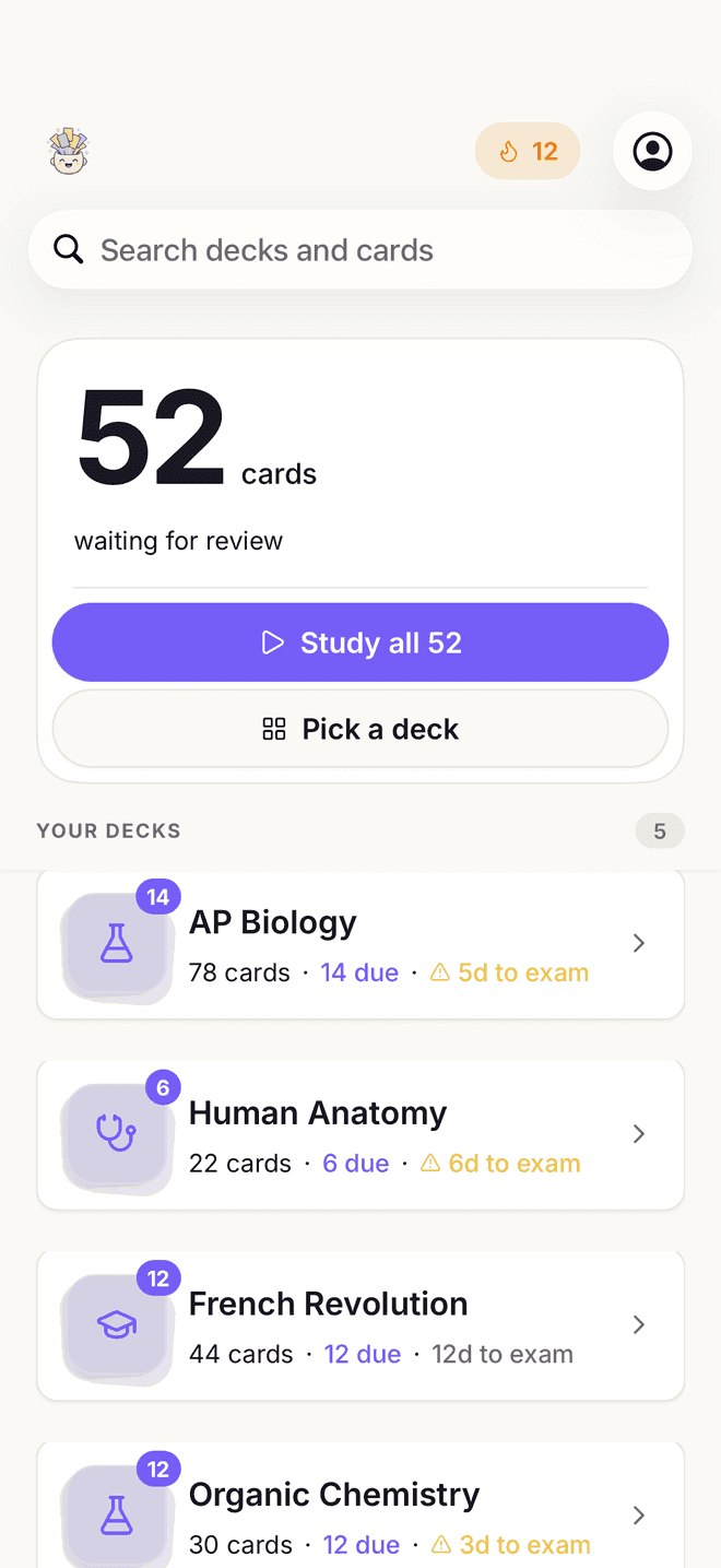Cram's home screen on iPhone: study decks, a daily streak, and 52 cards waiting for review