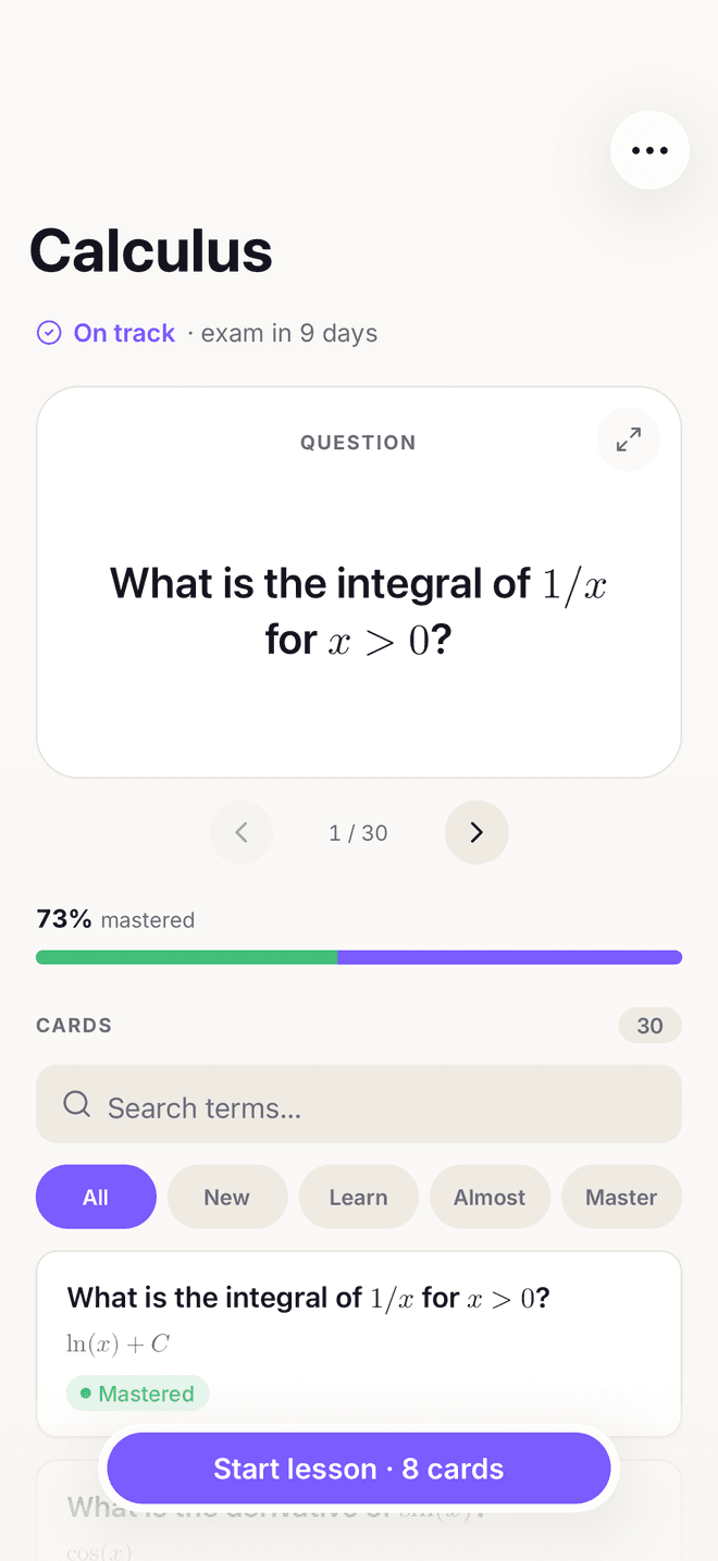 A Calculus deck on iPhone showing 73% mastered and an exam nine days away