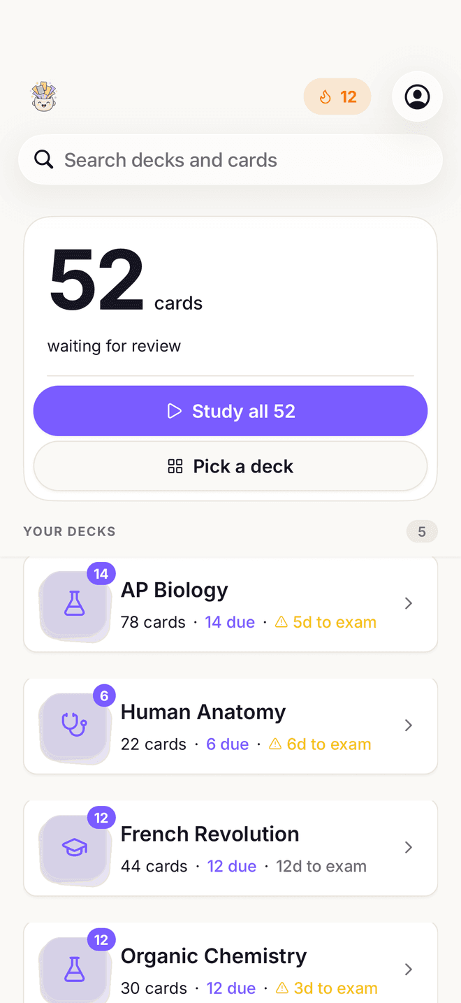 Cram's home screen on iPhone: 52 cards waiting for review, above a list of decks